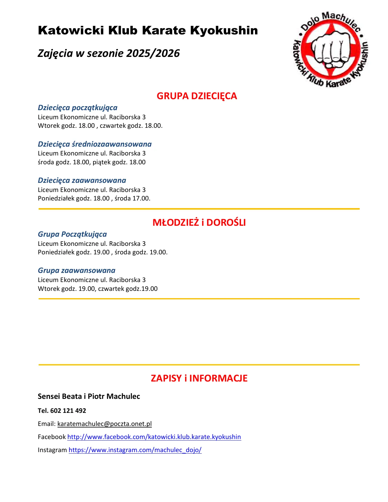Materiał archiwalny: Zaproszenie na trening i archiwalny grafik